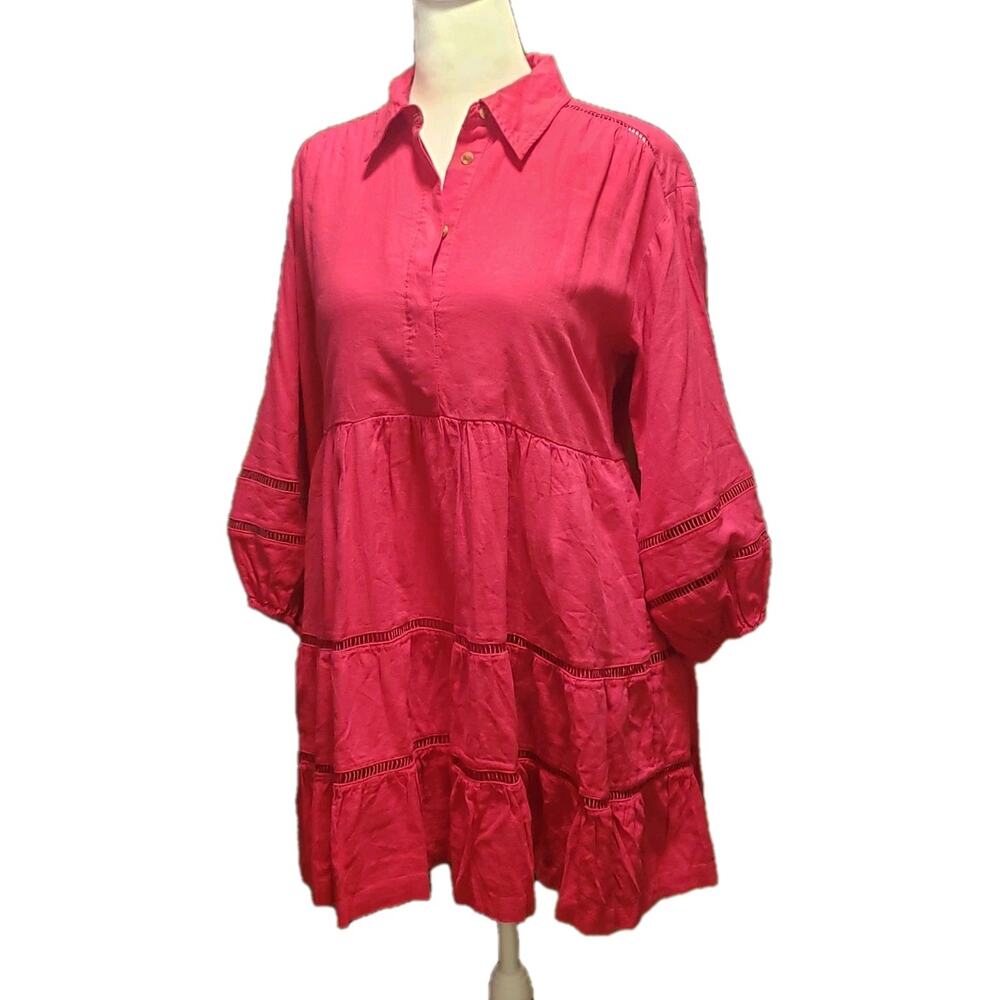 Anthropologie S Maeve Pink Dress Linen Blend Mini Button-Down Lined Tiered Boho